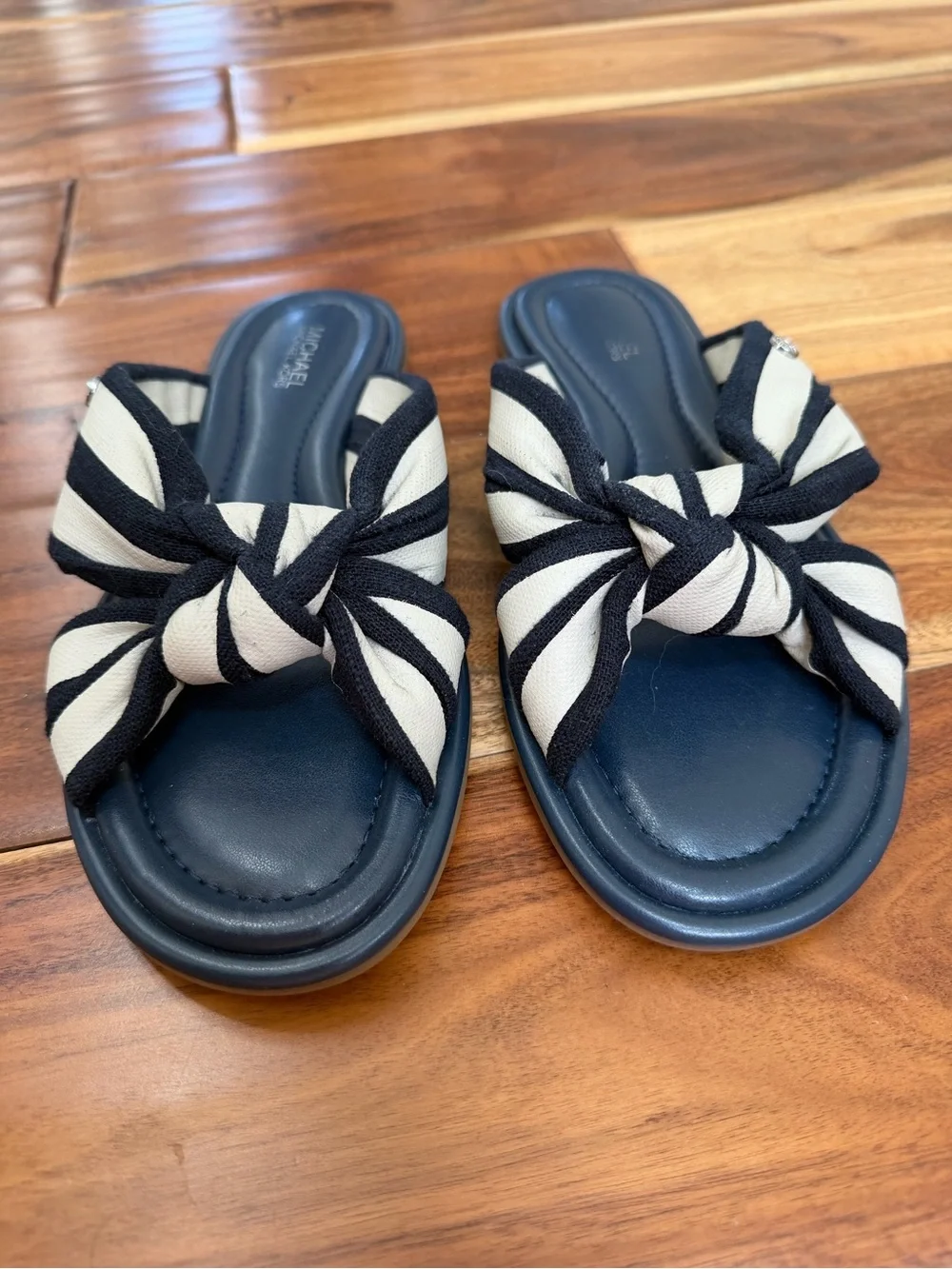 Michael Kors Navy and Cream Striped Knot Slide Sandals
